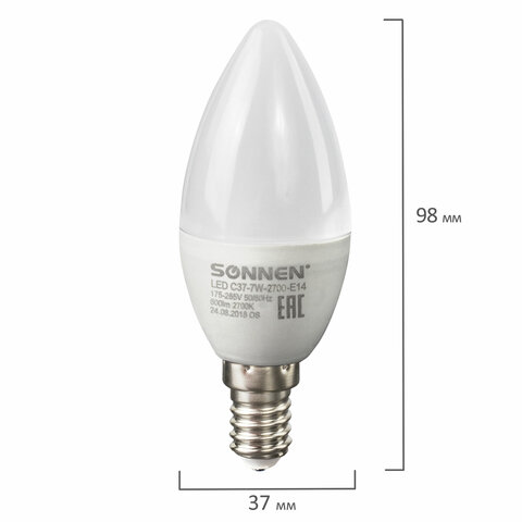 Лампа светодиодная SONNEN, 7 (60) Вт, цоколь Е14, свеча, теплый белый свет, LED C37-7W-2700-E14