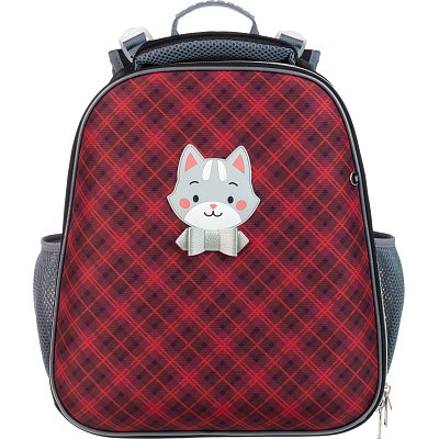 Ранец Комус Класс Basic Котик, клетка красный, 2 отд, эргоном спинка