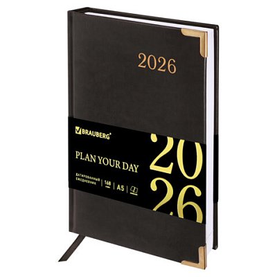 Ежедневник датированный 2026, А5, 138×213 мм, BRAUBERG «Senator», под кожу, черный