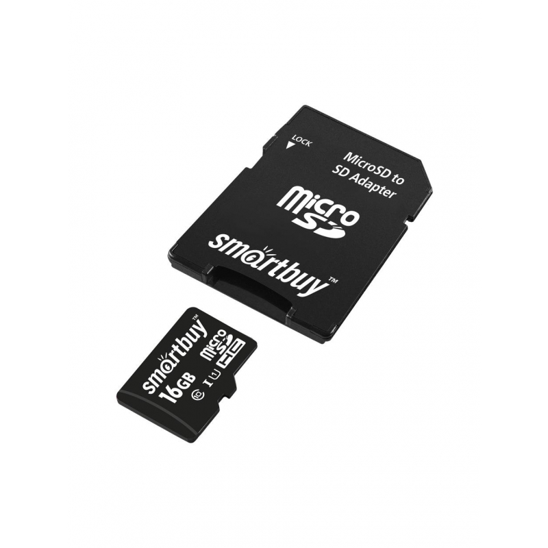 Карта памяти micro SDHC, 16 GB, SMARTBUY, 10 Мб/сек. (class 10), с адаптером
