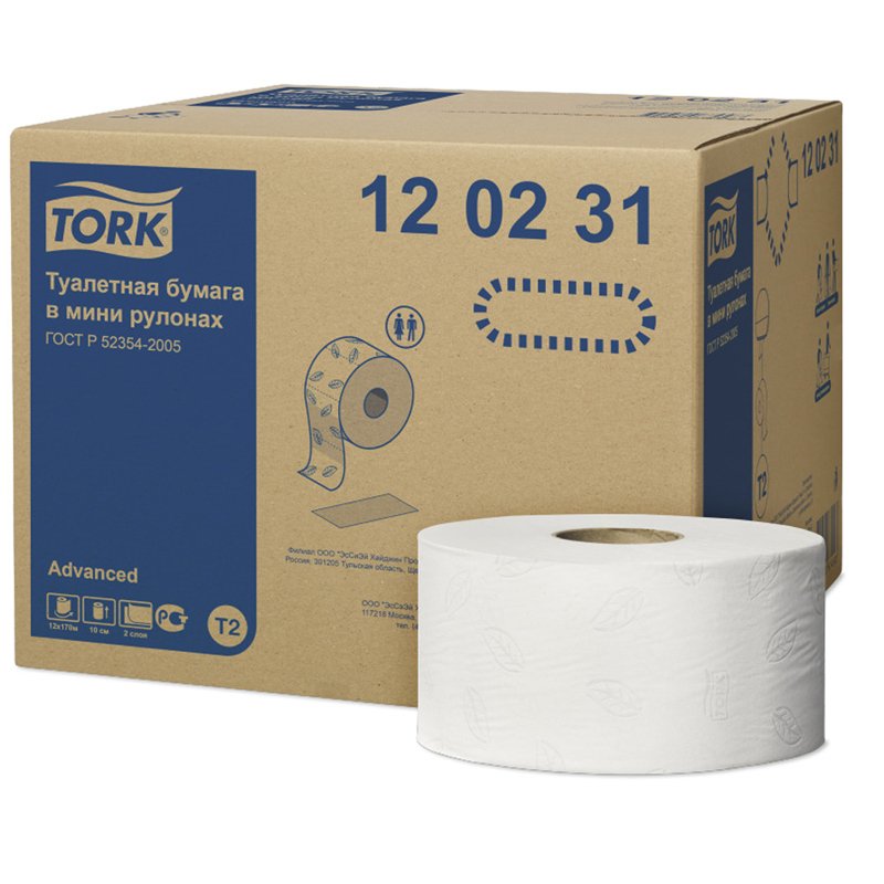 Бумага туалетная Tork «Advanced»(T2) 2-слойная, мини-рулон, 170м/рул, тиснение, белая