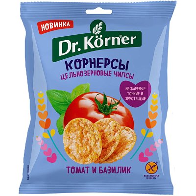 Чипсы Dr. Korner цельноз. кукурузно-рисовые с томатом и базиликом, 50г