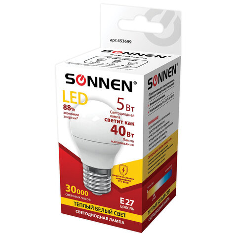 Лампа светодиодная SONNEN, 5 (40) Вт, цоколь E27, шар, теплый белый свет, LED G45-5W-2700-E27