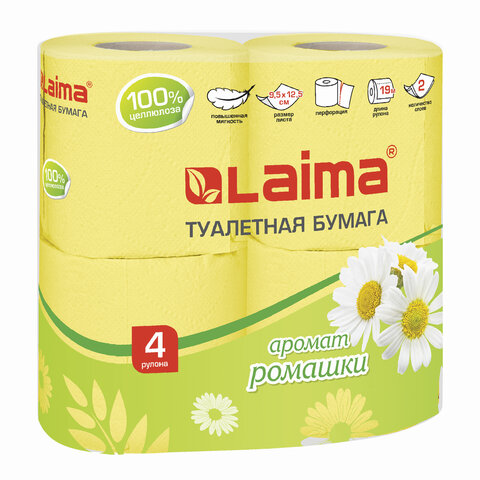 Бумага туалетная бытовая, спайка 4 шт., 2-х слойная (4×19 м), ЛАЙМА, аромат ромашки