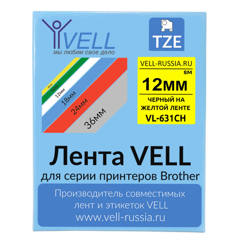Картридж Vell VL-631CH(с чипом,12 мм, черный/желтом) для PT-100E/100ECH/D200