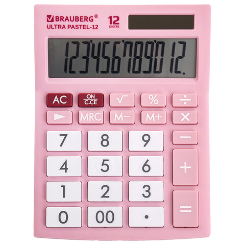 превью Калькулятор настольный BRAUBERG ULTRA PASTEL-12-PK (192×143 мм), 12 разрядов, двойное питание, РОЗОВЫЙ