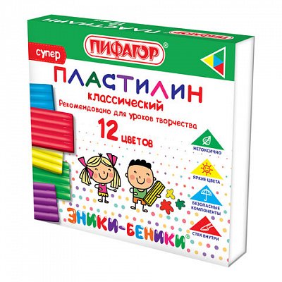 Пластилин классический ПИФАГОР «ЭНИКИ-БЕНИКИ СУПЕР», 12 цветов, 120 г, стек
