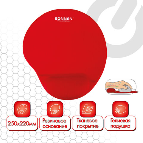 превью Коврик для мыши с подушкой под запястье SONNEN, полиуретан + лайкра, 250×220х20 мм, красный