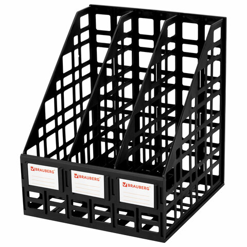 превью Лоток вертикальный для бумаг BRAUBERG «ULTRA», 240 мм, 3 отделения, сетчатый, сборный, черный