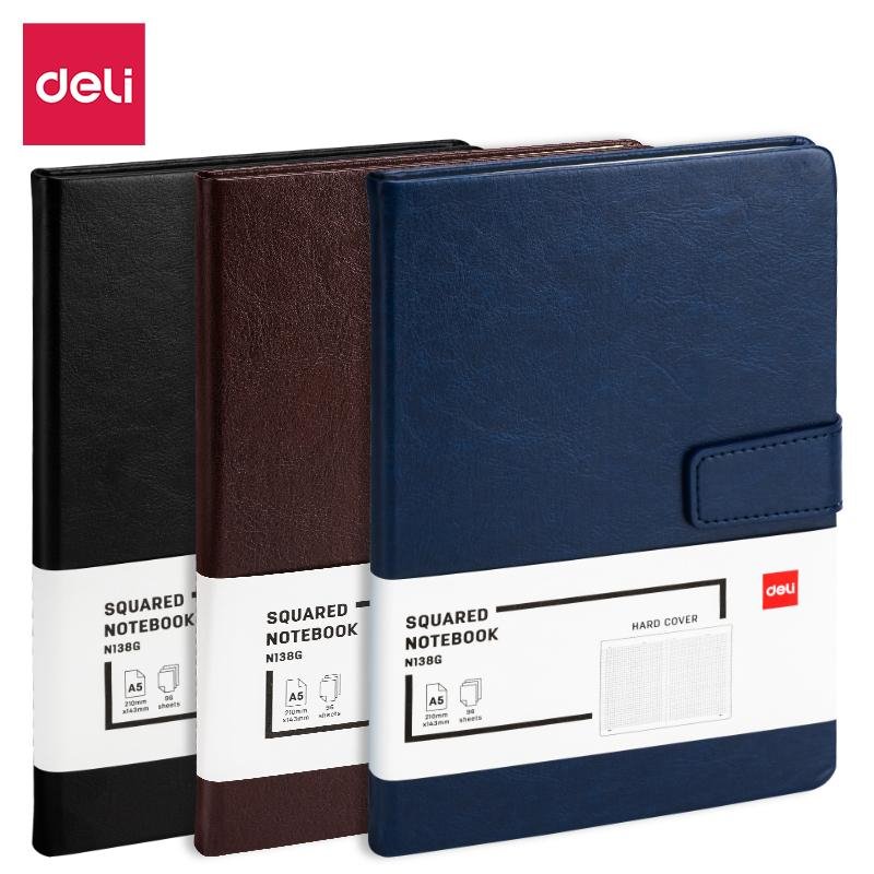 Блокнот Deli А5 96л 80 г/м, твер. обл, магнит клетка 5×5 мм синий кожа EN138G