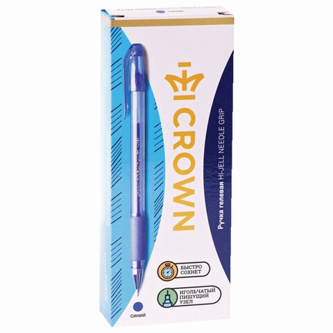 Ручка гелевая с грипом CROWN «Hi-Jell Needle Grip», СИНЯЯ, узел 0.7 мм, линия письма 0.5 мм