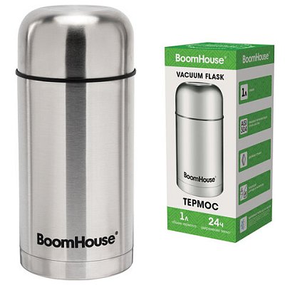 Термос 1 л для еды/напитков с широким горлом, BOOMHOUSE (БУМХАУС) WIDE, нержавеющая сталь SUS304, серебристый