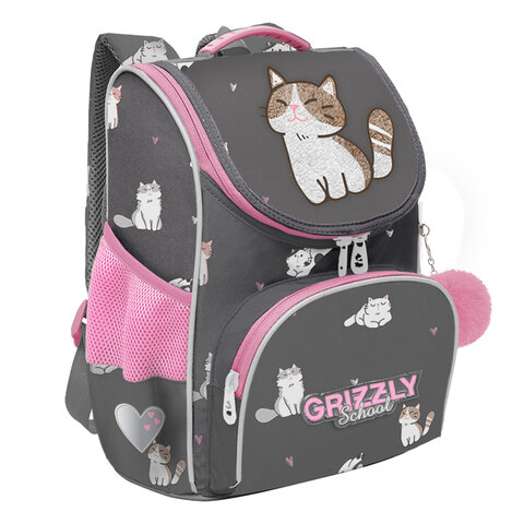 превью Ранец GRIZZLY анатомическая спинка, с мешком для обуви, для девочек, CATS, 33×25х13 с