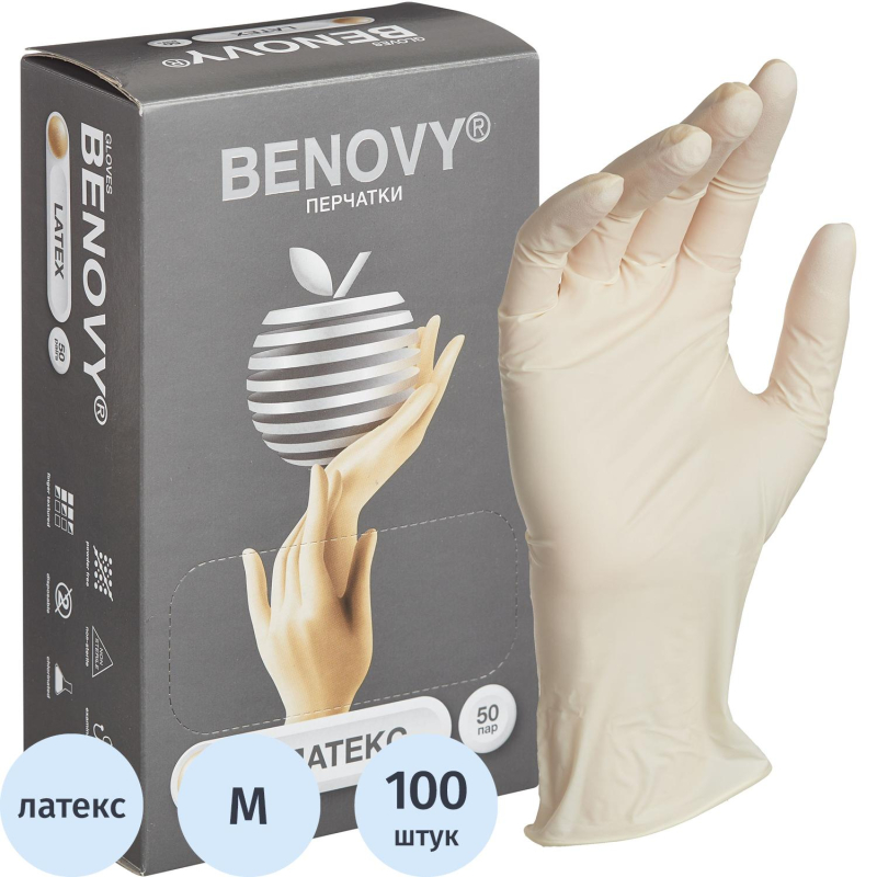 Мед. смотров. перчатки латекс, н/c, н/о, текстур беж/натур Benovy (М) 50 п/уп