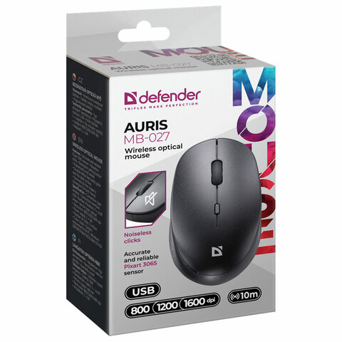 Мышь беспроводная DEFENDER Auris MB-027, USB, 3 кнопки + 1 колесо-кнопка, оптическая, черная