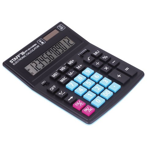 Калькулятор настольный STAFF PLUS STF-333-BKBU ( 200×154 мм) 12 разрядов, ЧЕРНО-СИНИЙ, 250461