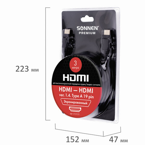 Кабель HDMI AM-AM, 3 м, SONNEN Premium, медь, для передачи аудио-видео, экранированный