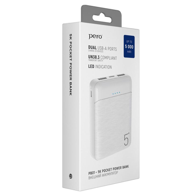 Внешний аккумулятор PERO PB01 5000 mAh, Li-Pol, output 2xUSB-A 2.1A, белый
