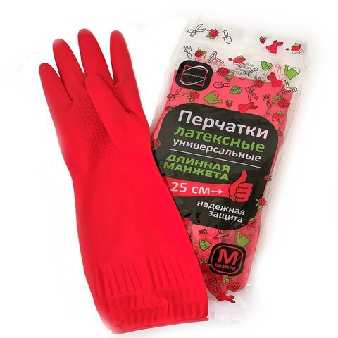 Перчатки МНОГОРАЗОВЫЕ латексные ДЛИННАЯ МАНЖЕТА 25 см КРАСНЫЕ, размер M (средний), вес 80 г, КП