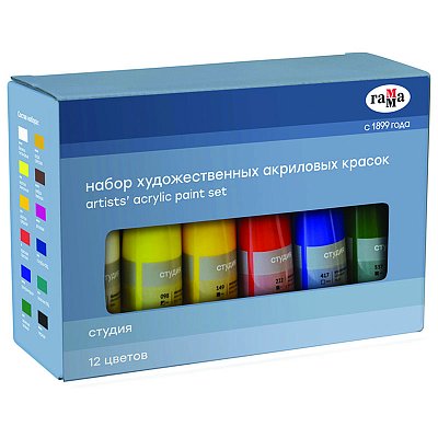 Краски акриловые Гамма «Студия», 12 цветов, 75 мл/туба, картон. упак. 