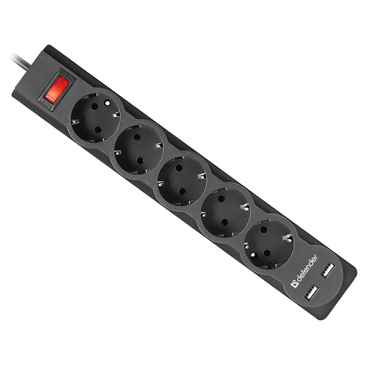 превью Сетевой фильтр Defender DFS 755 5 розеток 5.0м, 2xUSB, 2.1A, черный