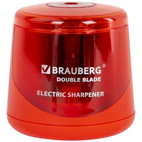 превью Точилка электрическая BRAUBERG DOUBLE BLADE RED, двойное лезвие, питание от 2 батареек АА