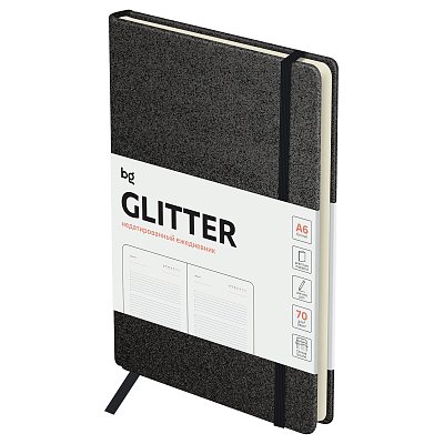 Ежедневник недатированный, А6, 136л., твердый переплет, диз. картон, BG «Glitter. Black», черный, на резинке, карман