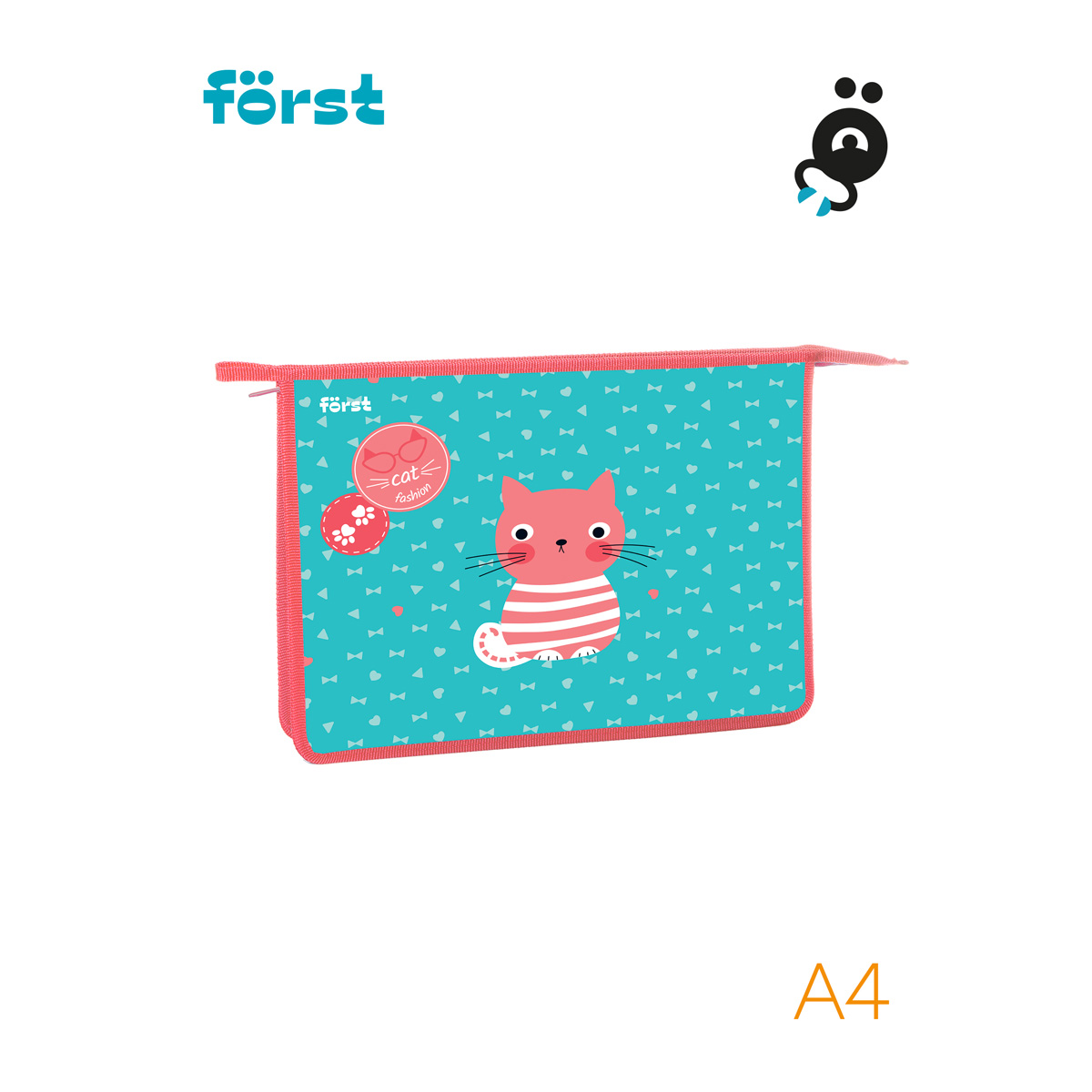 Папка для тетрадей 1 отделение, А4, Först «Orange cat», 340×245×40мм, пластик, на молнии