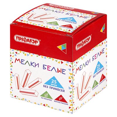 Мел белый БЕЗ ПРИМЕСЕЙ квадратный 25 штук, мягкое письмо, ПИФАГОР, картонная упаковка
