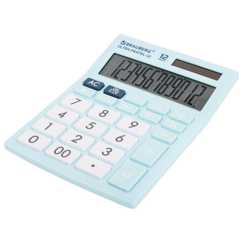 Калькулятор настольный BRAUBERG ULTRA PASTEL-12-LB (192×143 мм), 12 разрядов, двойное питание, ГОЛУБОЙ