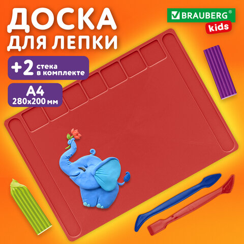 Доска для лепки А4, 280×200 мм, BRAUBERG KIDS, красная, 7 отделений для пластилина, 2 стека