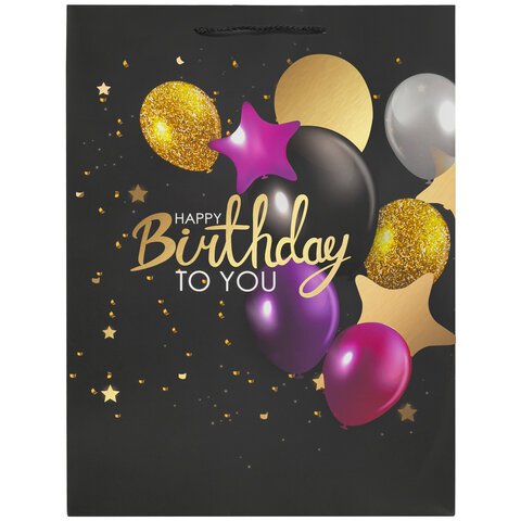 Пакет подарочный 33×12.7×44.7 см ЗОЛОТАЯ СКАЗКА «Happy Birthday», фольга, черный