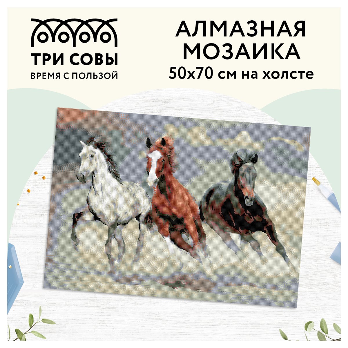 Алмазная мозаика ТРИ СОВЫ «Тройка лошадей», 50×70см, холст, картонная коробка с пластиковой ручкой