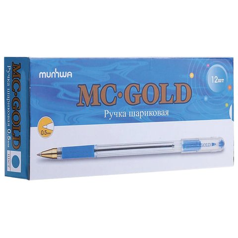 Ручка шариковая масляная с грипом MUNHWA «MC Gold», СИНЯЯ, корпус прозрачный, узел 0.5 мм, линия письма 0.3 мм