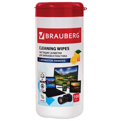 Салфетки для экранов всех типов и пластика BRAUBERG с ароматом ЛИМОН, туба 100 шт., влажные, ВБ
