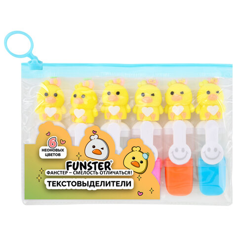 Набор текстовыделителей с топперами 6 ЦВЕТОВ НЕОН, «НЕЖНЫЕ ЦЫПЛЯТА», линия 1-4 мм, FUNSTER (ФАНСТЕР)