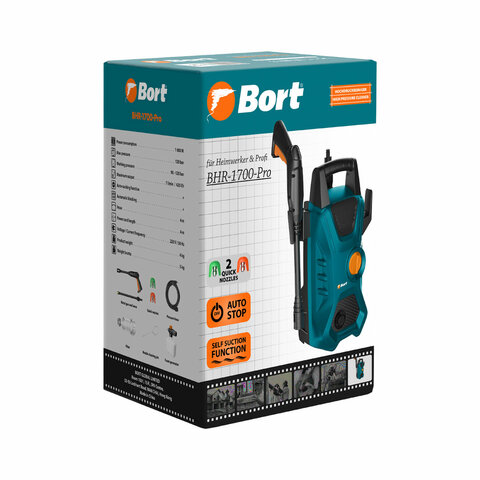 Минимойка BORT BHR-1700-PRO, мощность 1.6 кВт, давление 120 бар, шланг 4 м