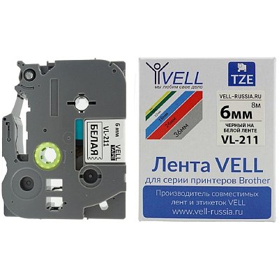 Картридж для принтера этикеток PT Vell VL-211(Brother TZE-211.6 мм, чер/бел)