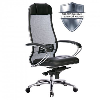 Кресло офисное МЕТТА «SAMURAI» SL-1, сверхпрочная ткань-сетка/кожа, черное