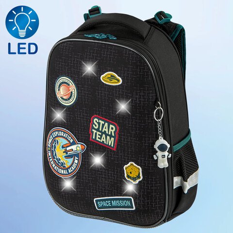 Ранец BRAUBERG PREMIUM, 2 отделения, с брелком, «Space mission», LED ЛАМПОЧКИ, 38×29х16 см