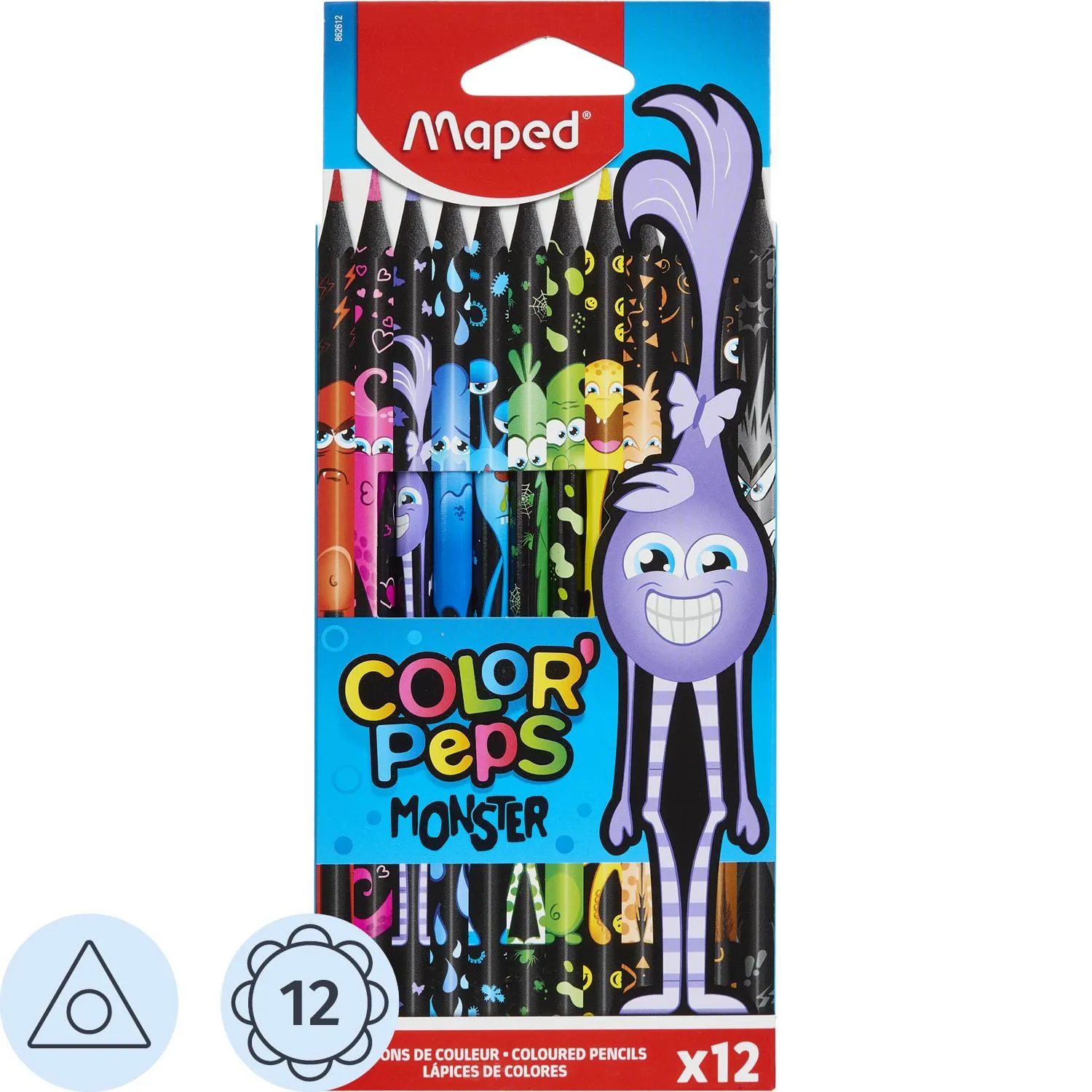 Карандаши цветные Maped Color'Peps Black Monster 12 карандашей 12 цветов трёхгранные