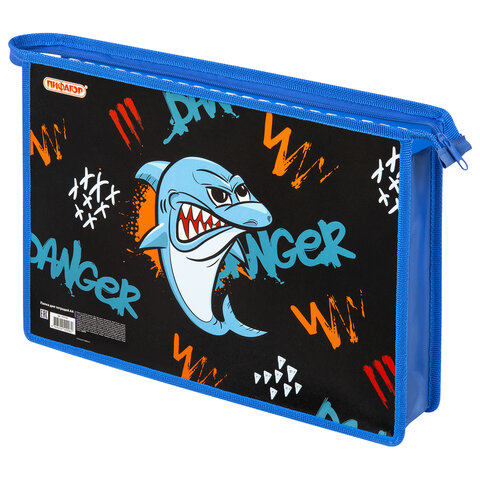 Папка для тетрадей ПИФАГОР А4, 1 отделение, картон/пластик, на молнии, «Angry shark»