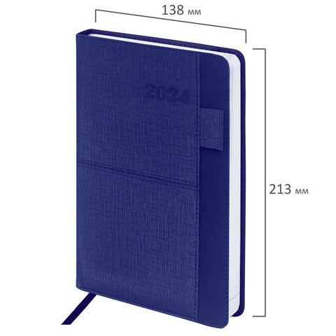 Ежедневник датированный 2024 А5 138×213 мм BRAUBERG «Pocket», под кожу, держатель для ручки, синий
