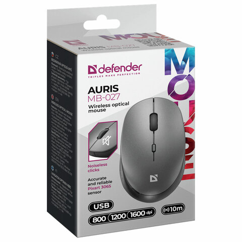 Мышь беспроводная DEFENDER Auris MB-027, USB, 3 кнопки + 1 колесо-кнопка, оптическая, серая