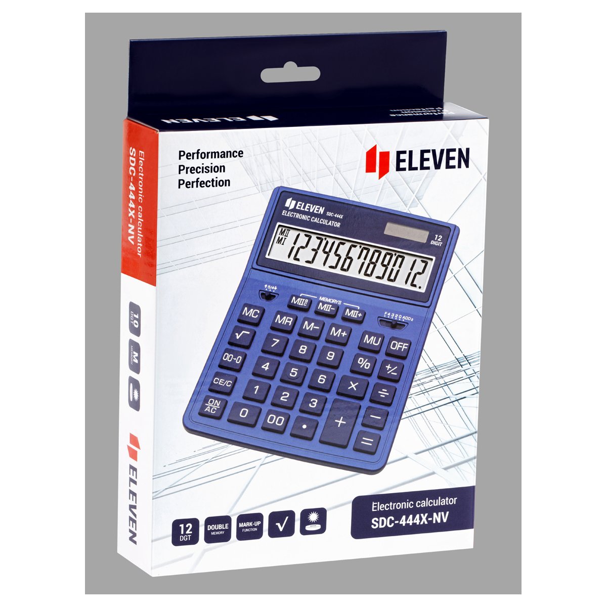 Калькулятор настольный Eleven SDC-444X-NV, 12 разрядов, двойное питание, 155×204×33мм, темно-синий