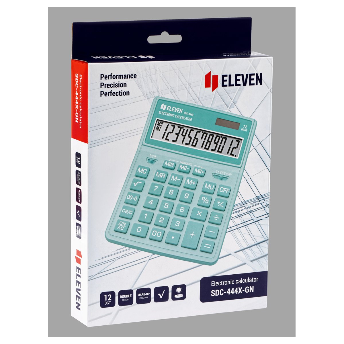 Калькулятор настольный Eleven SDC-444X-GN, 12 разрядов, двойное питание, 155×204×33мм, бирюзовый