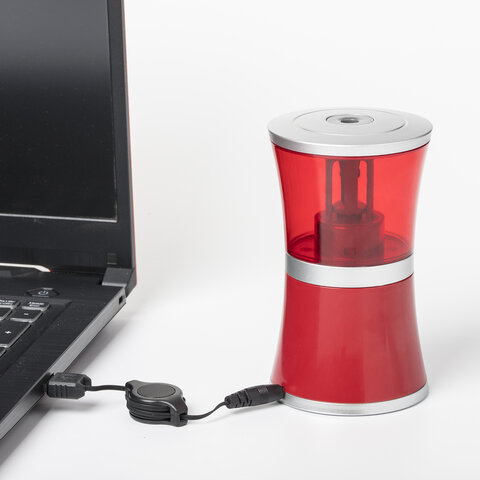 Точилка электрическая BRAUBERG, питание от USB/4 батареек АА, красная