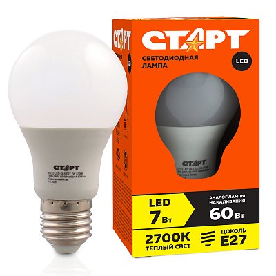 Лампа светодиодная Старт LED, серия «ЭКО» 7W30, тип А «груша», E27, 2700К, теплый свет, 15000ч