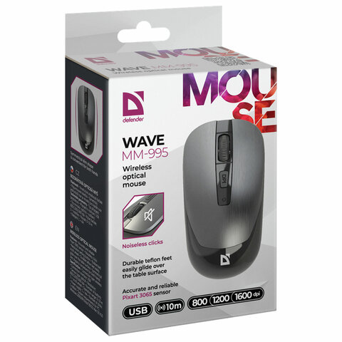 Мышь беспроводная DEFENDER Wave MM-995, USB, 3 кнопки+1 колесо-кнопка, оптическая, серая
