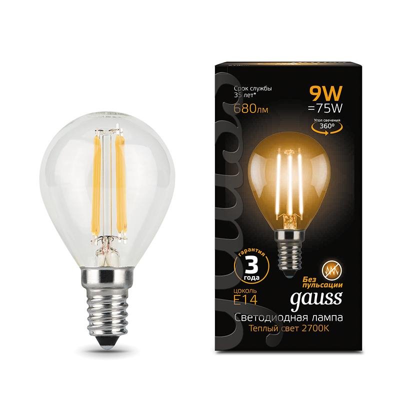 Лампа светодиодная Gauss LED Filament 9 Вт E14 шарообразная 2700 K теплый белый свет